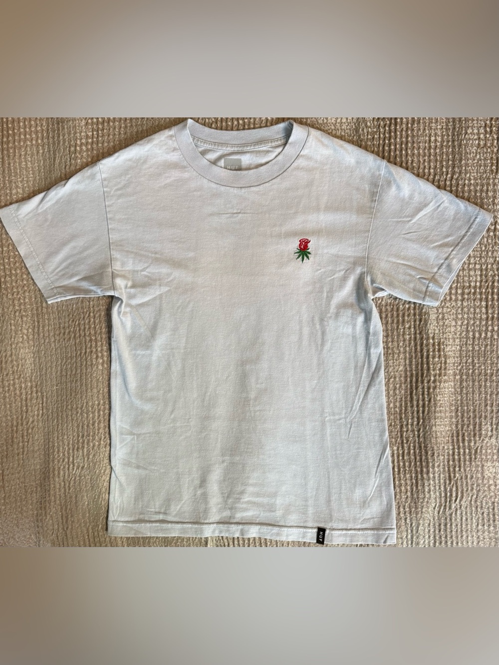 HUF Men’s S White Embroidered Rose Logo Cotton Skate T-Shirt